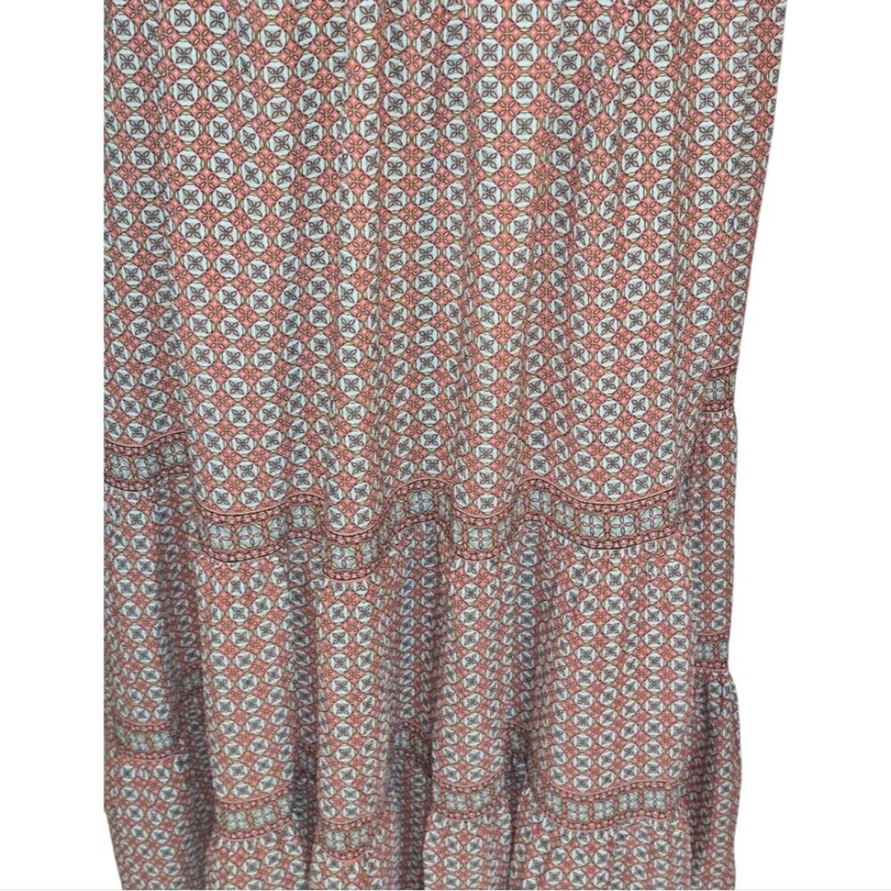 Boho Midi Dress Ruffle Neck Short Sleeve Geometric Print Smocked Waist - Picture 6 of 8